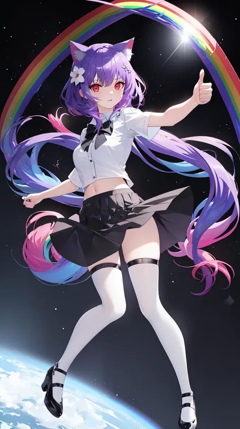 8k,4k,masterpiece, best quality, ultra illustration, extreme detailed CG, dynamic, floating, luminous, full body, far angle, very detailde background, space,
1girl, solo, cat girl, cat ears, 2 cat tails, red eyes, {red|yellow|blue|green|purple} hair, (rainbow color hair:1.4), very long hair, hair flower, floating hair, dynamic eyes, oliy skin, shiny skin, glowing eyes,
white shirt, black skirt, ({black|white} legwears:1.4), thumbs up, looking at viewer, (angry:0.7), flying, dynamic pose,