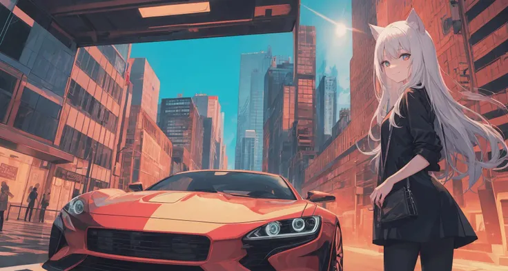 best quality, masterpiece, extremely detailed, detailed background, anime, depth of field,lens flare,solo focus,
close-up,Dynamic angle,
(1girl:1.2), white hair, long hair, cat ears, cat girl, sparkling eyes, black pantyhose,  looking at viewer, light smile,
car on background, 1car, skylineR34, sports car, girl standing in front of car,
(flat color, limited palette, low contrast:1.1), standing, smoke, city, sunset, sky scrapers, bridge, road signs, border, black, yellow, cyan, orange ,grey, cyberpunk,