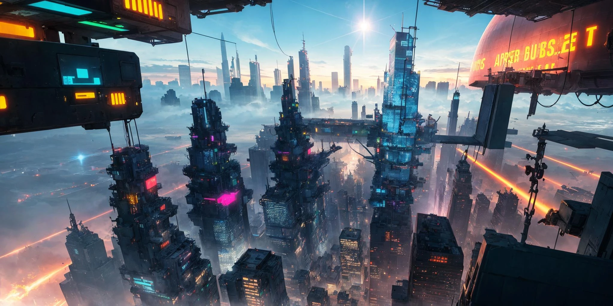 masterpiece, best quality, game cg, 3d, wide shot, lens flare, depth of field, floating, flying, product design, game,conceptual design,concept art, reference sheet,
close-up, blurry background, blurry foreground,
scenery, (floating city:1.3), (sky:1.1), (clouds:1.05), (sci-fi:1.2), (landscape:1.1), (airships:1.25),spacecraft, aircraft,(buildings:1.3), (nature:1.2), (forest,tree:1.2), In this mesmerizing landscape painting, transport, airplane, airport, jet engine, glitch, impulse, pulse wave,
cityscape, tokyo \(city\), new york, shanghai, daytime, morning, multicolored background, (cyberpunk:1.2),blocking,