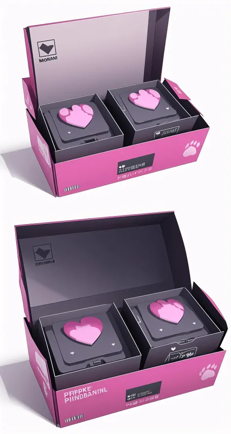 masterpiece, best quality, finely detailed, (solo:1.3),
Product packaging, Package Design, Figure package, model package, (Irregular:1.2), windows, (white box,pink pattern:1.3), Morandi, muted colors, Magicalism,heart shaped , heart shape, Cat paw print,detached collar,
3D product render style, figures, ue 5, octane render, 4k, 8K, game cg, c4d, studio lights, display lighting, simple background, white background, new objectivity