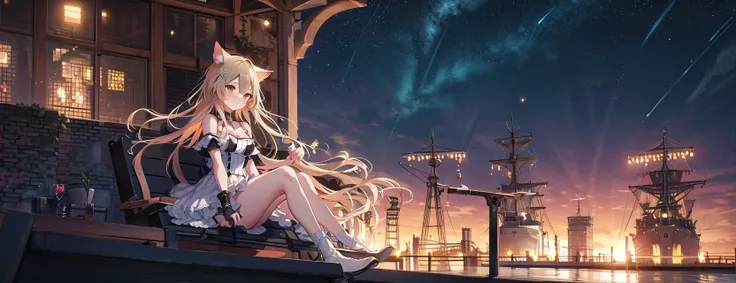 solo focus, (close up:1.2), from side, depth of field, lens flare,
(1girl:1.2), cat girl, cat ears, long hair, white dress, floating, floating hair,
ship,battleship,harbor,outdoors, nature , night, starry sky, galaxy, megastructure, bio-dome, horizon, rooftop, sitting on rooftop, looking away, atmospheric lighting, wind, summer night,
best quality, masterpiece, extremely detailed, detailed background, anime, cinemagraph, landscape, scenery, cinema lighting,
