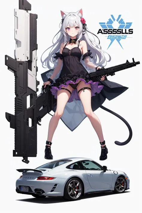 best quality, reference sheet, multiple views, PUBLICATION,comic, cover, cover page,
(1car:1.3), sportscar, porsche 911 964,ground vehicle, car, girl driving car,
1girl, cat ears, white hair, long hair, see-through, transparent ,white hair, full body, tail, looking at viewer, ass, purple eyes, hair ornament, ribbon, panties, underwear, dress, bangs, braid, cat ears, hair ribbon, blush, hair flower,
(weapon, handgun, assault rifle:1.3),
white background, grey background,