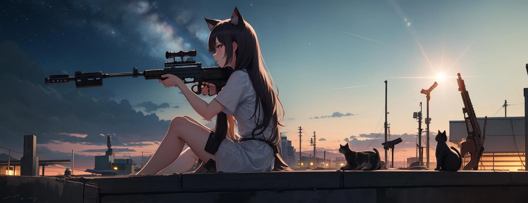(1girl:1.2), cat girl, cat ears, long hair, white dress, floating, floating hair,
(holding weapon, holding rifle, aiming, aim:1.2), gun, carbine, open fire, firing,
solo focus, (close up:0.9), from side, depth of field, lens flare,
outdoors, nature , night, starry sky, galaxy, megastructure, bio-dome, horizon, rooftop, sitting on rooftop, looking away, atmospheric lighting, wind, summer night,
best quality, masterpiece, extremely detailed, detailed background, anime, cinemagraph, landscape, scenery, cinema lighting,