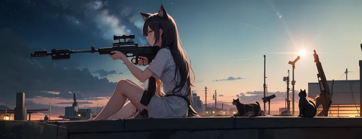 (1girl:1.2), cat girl, cat ears, long hair, white dress, floating, floating hair,
(holding weapon, holding rifle, aiming, aim:1.2), gun, carbine, open fire, firing,
solo focus, (close up:0.9), from side, depth of field, lens flare,
outdoors, nature , night, starry sky, galaxy, megastructure, bio-dome, horizon, rooftop, sitting on rooftop, looking away, atmospheric lighting, wind, summer night,
best quality, masterpiece, extremely detailed, detailed background, anime, cinemagraph,  landscape, scenery, cinema lighting,