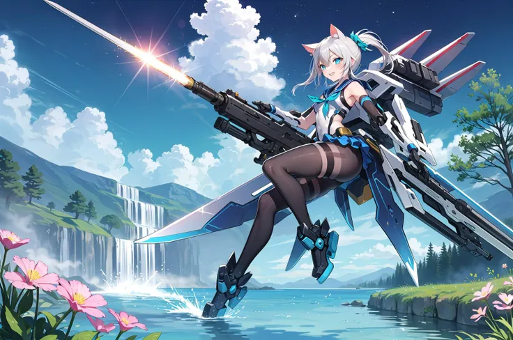 masterpiece, best quality, lens flare, depth of field,
1girl, close-up,flower hair ornament,white long hair, (white high long ponytail:1.2),cat ears, aqua eyes, (mecha musume, mecha, Mecha clothing:1.25),serafuku,sailor collar, (tight bodysuit:1.1), (Shiny (transparent:1.3) black pantyhose),holding weapon, holding sword, big sword, sword up, excalibur, (rocket launcher:1.2),missile,rpg-7,rocket, laser, looking away,
angry, happy, evil smile,(:3:1.2),open mouth, evil grin,
Float in the air,floating, flying,
scenery,  floating city, (galaxy:1.1), starry sky, motion lines, Bloom, smoke, fog, sky, day, tree, cloud, mountain, grass, landscape, blue sky, nature, building, water, fantasy,  forest, river, hill, path, waterfall