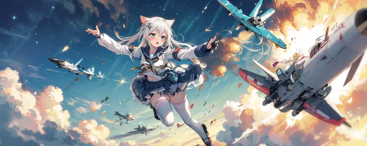 masterpiece, best quality, depth of field, motion blur, lens flare, symmetry, muted color, high contrast,
full body, wide shot,
(1girl:1.2),white hair,long hair, aqua eyes, glowing eyes, hair ornament, cat ears, flying, floating, floating hair, white serafuku, sailor collar, long sleeves, pleated skirt, white thighhighs, arms up,
@_@, tears, tearing up,
(explosion:1.2), missile,
sky, cloud, from above, ace combat, science fiction, sci-fi, digital, spacecraft, aircraft, fighter jet, galaxy, space,