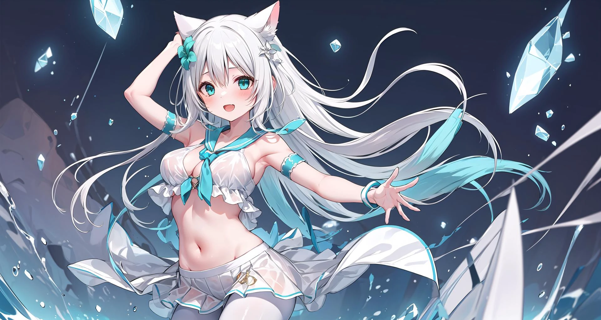 masterpiece, best quality, wide shot, close-up,
1girl, (flying, floating, in air:1.2), evil smile, open mouth, arms up,
(1girl:1.2), large breasts, white hair, long hair, aqua eyes, glowing eyes, flower hair ornament, cat ears, floating hair, [(white serafuku:1.2)|(sailor collar:1.2)|(white sexual underdress:1.03)|(white wedding dress:1.05)|(transparent:1.4)],(white see-through),(white transparent clothes:1.3), open chest, white open navel clothes,(navel:1.1), bare shoulders, [(pleated skirt:1.2)|(tight miniskirt:1.05)|(sexual panties:1.1)|(suspenders:1.05)|(transparent:1.4)], white pantyhose, [(white mary janes:1.1)|(white 10cm high heels:1.05)],