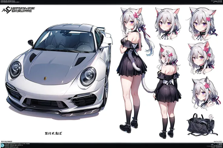 best quality, reference sheet, multiple views, PUBLICATION,comic, cover, cover page,
(1car:1.3), sportscar, porsche 911,ground vehicle, car, girl driving car,
1girl, cat ears, white hair, long hair, see-through, transparent ,white hair, full body, tail, looking at viewer, ass, purple eyes, hair ornament, ribbon, panties, underwear, dress, bangs, braid, cat ears, hair ribbon, blush, hair flower,
white background, grey background,