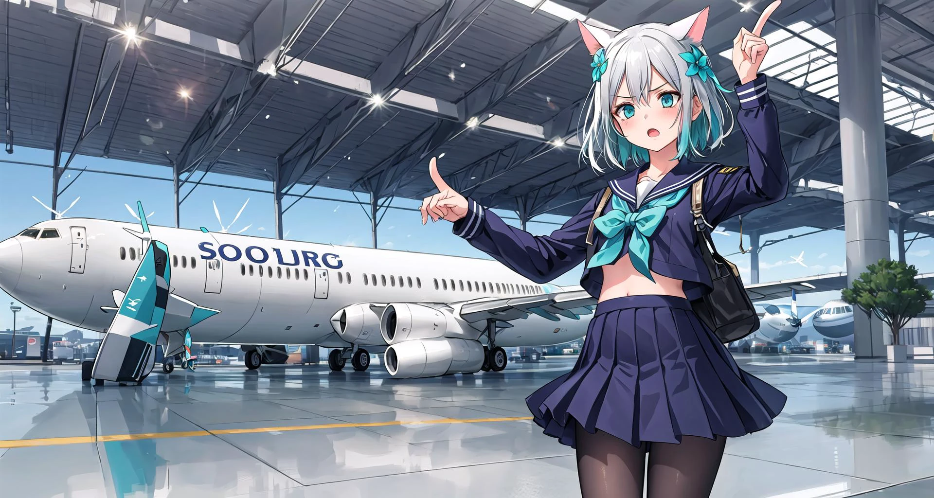 masterpiece, best quality, game cg, 3d, wide shot, lens flare, depth of field, floating, flying, product design, game,conceptual design, concept art, scenery, nature,
close-up, blurry background, blurry foreground,
black school uniform, pleated skirt, sailor collar, (white hair), black hair, (short hair:1.2), (aqua eyes:1.1), cat ears, hair flower, hair ornament,black pantyhose,
1girl, long hair, messy hair, multiple girls,arm up, pointing,
(frown, scowl:1.15),(open mouth:1.15),
airplane, aircraft, plane, airbus, boeing 747, jet,(airport:1.1), aircraft take off, Airport runway, aircraft landing,
science fiction, sci-fi, concept,retro artstyle, vintage,
(indoors:1.1), (outdoors:0.8),