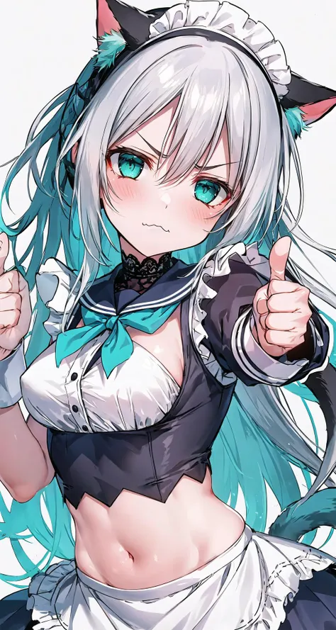 masterpiece,best quality,white background, simple background,
(close-up, face focus:1.15),(thumb, thumbs up:1.1),(good job),
1girl,oliy skin,shiny skin,small breasts,(aqua eyes:1.1),navel,thighs,cat ears, cat tail, asymmetrical bangs, hair behind ear, (white hair:1.2),high ponytail,long hair,hair over one eyebrow,messy hair,maid dress, sailor collar, maid headdress, (maid:1.15), gold and silver lace,(flowing lace),
(frown, scowl:1.2),(:3:1.2),
looking at viewer,Supercilious,rolling eyes,(disdain:1.2),glowing eyes,