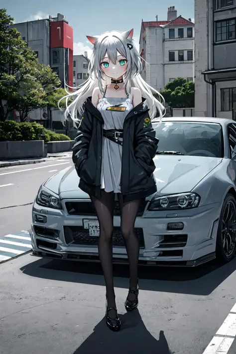 best quality, masterpiece, extremely detailed, detailed background, anime, depth of field,lens flare,solo focus,
close-up,Dynamic angle,
(1girl:1.3), white hair, long hair, cat ears, cat girl, sparkling eyes, black pantyhose, looking at viewer, light smile,
car on background, 1car, skylineR34, sports car, girl standing in front of car,
(flat color, limited palette, low contrast:1.1), standing, smoke, city, sunset, sky scrapers, bridge, road signs, border, black, yellow, cyan, orange ,grey, cyberpunk,
<lora:skylineR34-000004:0.9>