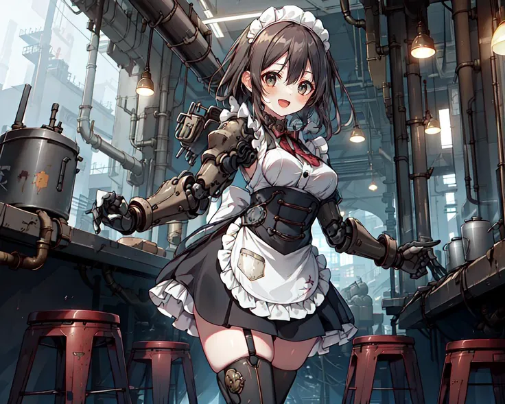 best quality,dieselpunk,
solo,1girl,:d,cute,waitress costume,oversized mechanical gauntlets,
indoors,cafe,industrial pipe,
<lora:DieselPunkAI:0.5>,<lyco:mecha_gauntlets_v11:0.6>,<lora:fineline-v1:0.9>