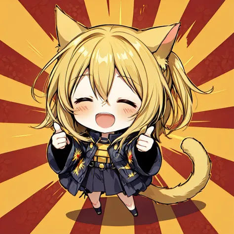 best quality,
(chibi:1.5),(giggling,happy:1.2),white long hair,closed eyes,open mouth,cat ears and tail,thumbs up,BREAK,
(red and yellow sunburst pattern background:1.4),
<lyco:GoodHands-beta2:1.0>
