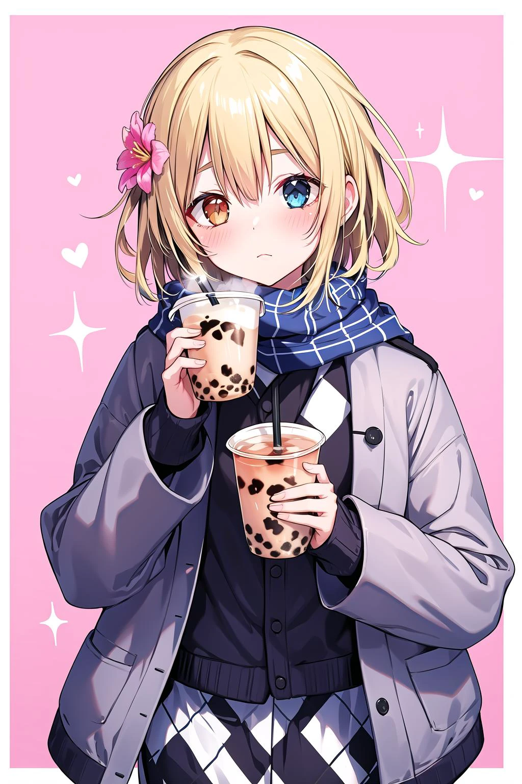 azhiichigo style,big eyes, thick lines, cute,,1boy, argyle, bangs, blonde hair, blue eyes, blunt bangs, border, bubble tea, checkered, checkered background, checkered kimono, checkered legwear, checkered scarf, checkered shirt, checkered skirt, cup, diffraction spikes, eyebrows visible through hair, gradient, gradient background, heart, heterochromia, holding, jacket, long sleeves, male focus, outside border, pink background, plaid, plaid background, plaid bikini, plaid dress, plaid jacket, plaid pants, plaid scarf, plaid shirt, scarf, short hair, signature, solo, sparkle, sparkle background, unmoving pattern, upper body, white border, looking at viewer, simple background, shirt, closed mouth, flower, hand up, black shirt, holding cup, drinking straw, grey jacket,