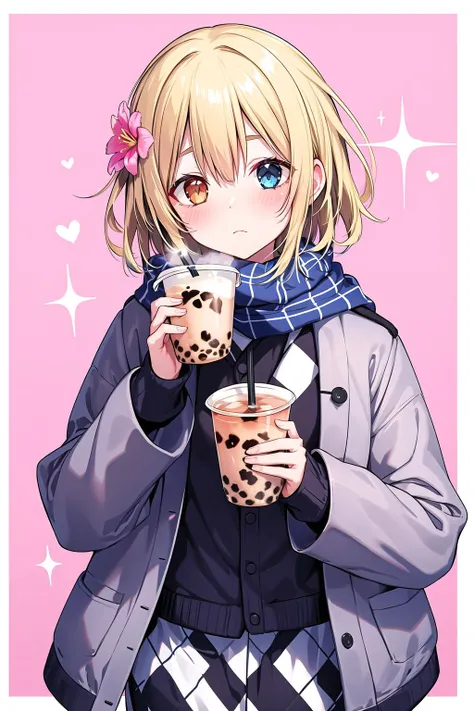 azhiichigo style,big eyes, thick lines, cute,,1boy, argyle, bangs, blonde hair, blue eyes, blunt bangs, border, bubble tea, checkered, checkered background, checkered kimono, checkered legwear, checkered scarf, checkered shirt, checkered skirt, cup, diffraction spikes, eyebrows visible through hair, gradient, gradient background, heart, heterochromia, holding, jacket, long sleeves, male focus, outside border, pink background, plaid, plaid background, plaid bikini, plaid dress, plaid jacket, plaid pants, plaid scarf, plaid shirt, scarf, short hair, signature, solo, sparkle, sparkle background, unmoving pattern, upper body, white border, looking at viewer, simple background, shirt, closed mouth, flower, hand up, black shirt, holding cup, drinking straw, grey jacket,