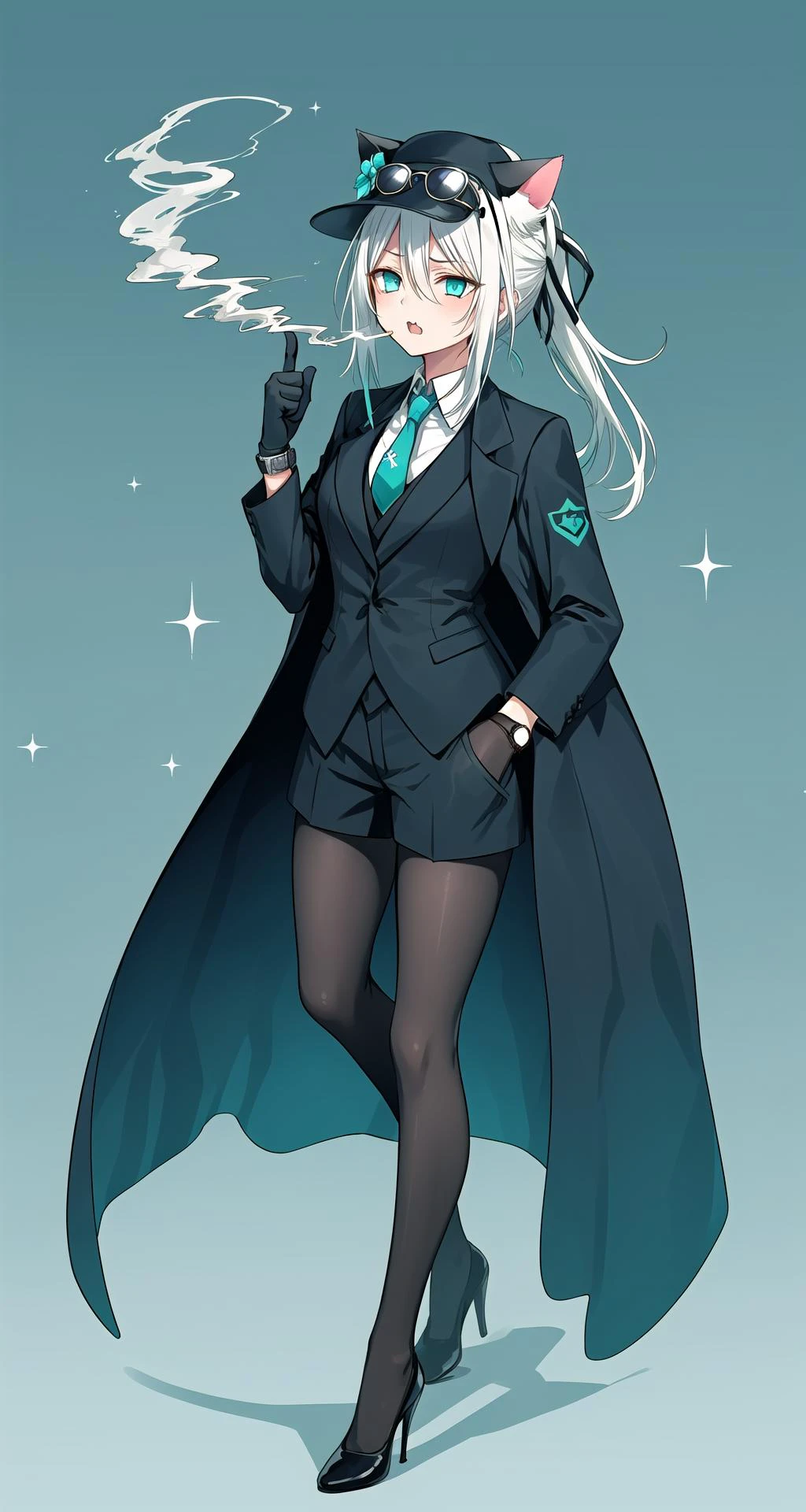 (1girl), solo,long hair,messy hair, floating hair, (white hair, aqua eyes:1.3), cat ears, see-through, hair flower,
sunglasses, necktie, animal ears, gloves, 1girl, black hair, shirt, suit, formal, official alternate costume, long hair, cigarette, Top hat, black headwear, cat ears, jacket, white shirt, black necktie, dutch angle, 1girl, black gloves, holding, smoking, black jacket, multiple girls, watch, aqua eyes, adjusting clothes, collared shirt, black gloves, short hair, looking away, long sleeves, ponytail, outdoors, hair between eyes, adjusting necktie, flower, black suit, open clothes, coat, wristwatch, blue flower, smoke,coffee,coffee cup, cat girl, bangs, striped, necktie, black headwear, (overcoat:1.3),
black pantyhose, shorts, high heels, full body,
(frown, scowl:1.1),(:3:1.2),open mouth,
looking at viewer, Supercilious, rolling eyes,(disdain:1.1),glowing eyes, sparkling eyes,
(thumb, thumbs up:1.2),
cinemagraph, muted color, high contrast, movie,