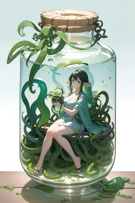 (Masterpiece, best_quality),
[(a huge empty glass container in jar shape) : (a huge empty glass container in jar shape with white mucus inside):0.55]
( green tentacles in glass container : 1.55) , ( herb-medicines and plant in glass container : 1.0 ),(green tentacles:1.6), girl in jar,1 girl,slime girl, shiny skin, 
(no humans :1.1),, masterpiece, best quality,