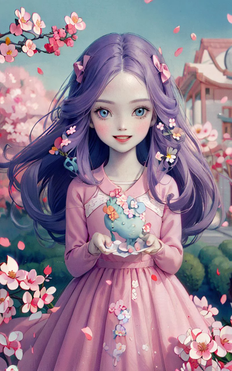 Shaorin, 1girl, solo, long hair, antenna hair, flower, blue eyes, ribbon, smile, :d, long sleeves, 1990s (style), bow, dress, hair bow, hair ribbon, cherry blossoms, looking at viewer, very long hair, purple hair <lora:nceccoli3:1>