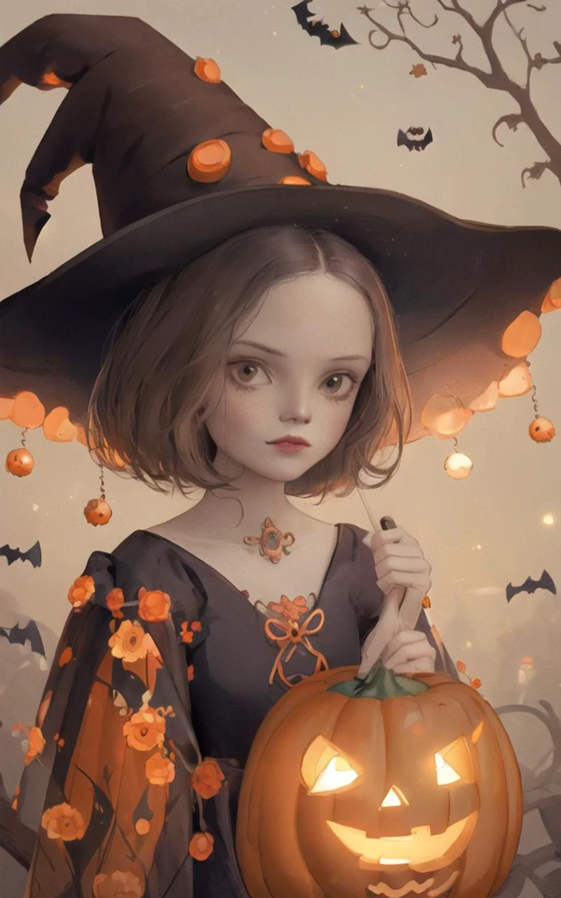 (halloween), brown hair, short hair, (wearing a halloween witch costume:1.5), 1girl, solo, witch hat, (jack-o'-lantern), pumpkin, lantern, soft lighting, beautiful detailed glow, <lora:nceccoli3:1>