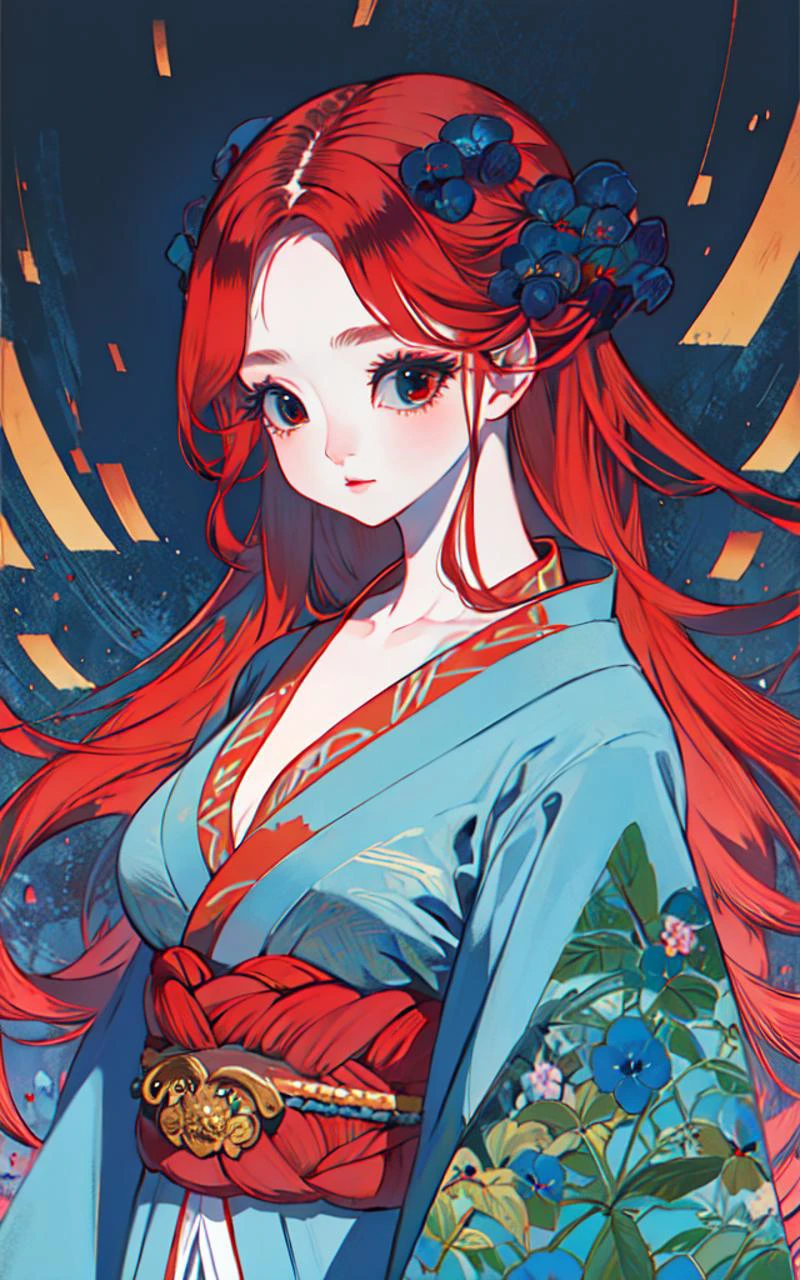 (masterpiece, best quality) 1girl, upper_body, lora: 0: "golden kimono, colorful forest" 10: "demon girl, red_hair, wave" <lora:0mimimim0:1>
