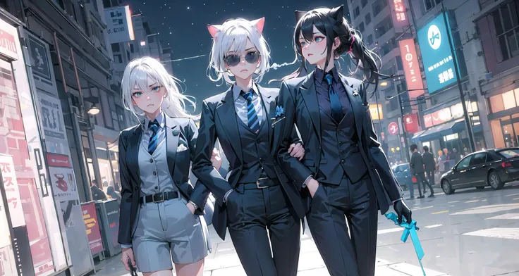 best quality, masterpiece, (close-up,face focus:0.8),
sunglasses, necktie, animal ears, gloves, 1girl, white hair, and 1girl, black hair, shirt, suit, formal, official alternate costume, long hair, cigarette, hat, cat ears, jacket, white shirt, black necktie, dutch angle, 1girl, black gloves, holding, smoking, black jacket, multiple girls, watch, aqua eyes, adjusting clothes, collared shirt, hand in pocket, black gloves, short hair, looking away, long sleeves, ponytail, 3girls, outdoors, hair between eyes, adjusting necktie, flower, black suit, open clothes, coat, wristwatch, blue flower, smoke, cat girl, bangs, striped, necktie, black headwear, night,
black pantyhose, shorts,
(indoors:0.9), (window, outdoors:1.25),neon lights, cyberpunk, sci-fi, night, wind, starry sky, scenery, horizon, street,city, crowd, cinema lighting , cinemagraph, reflection, backlighting, caustics, dim lighting,
(frown, scowl:1.2),(:3:1.3),angry,open mouth,
looking at viewer,Supercilious,rolling eyes,(disdain:1.2),glowing eyes,sparkling eyes,
cinemagraph, muted color, high contrast, movie,