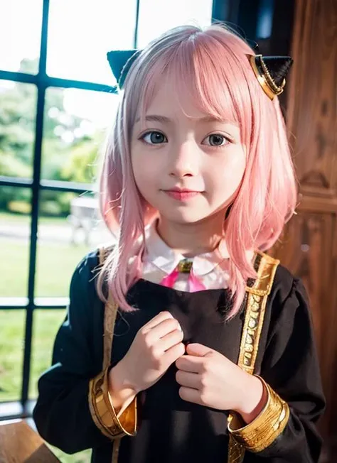 best quality, highres, photo-realistic, 1 girl, solo,(Anya Forger:1.5), (child:1.2), ( girl), (young girl), (flat chest:1.8), happy,(long hair), (light pink hair:1.8), (horn-like hair accessories), long bangs, parted lips,((black dress with gold sleeves)), (long sleeve school uniform),White Shirt,(red bowtie), elegant hair, floating hair, beautiful sunlight, detail face, library in the background, library windows, detailed background, detailed sky, sunlight, full body, atmospheric perspective, <lora:anyaForgerLoraPerson_lastAnya:1> <lora:koreanDollLikeness_v10:0.1> <lora:taiwanDollLikeness_v10:0.2>