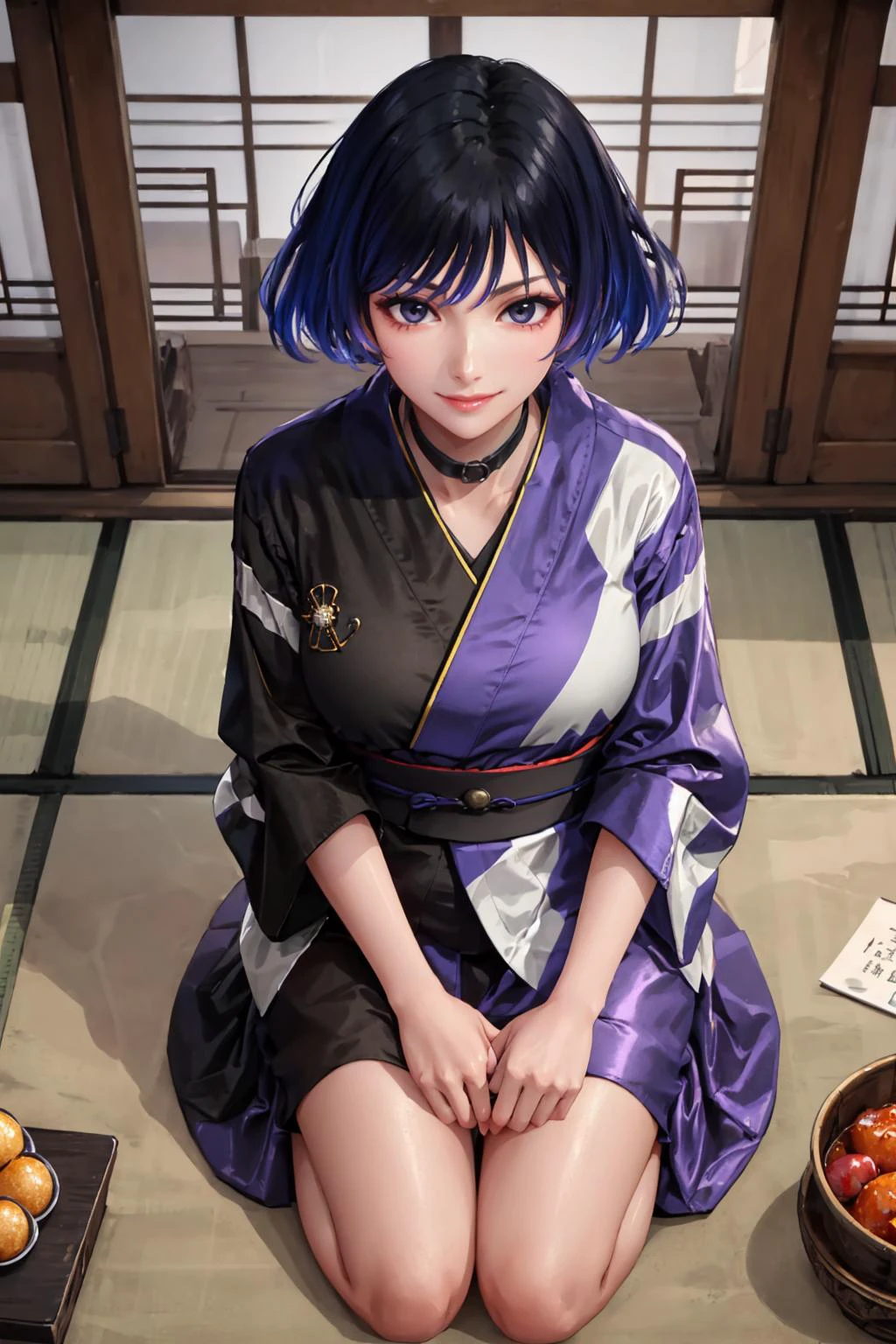 masterpiece, best quality, <lora:tekkenreina-nvwls-v1-000009:0.9> reina, multicolored hair, looking at viewer, smile, seiza, japanese architecture, kimono, from above