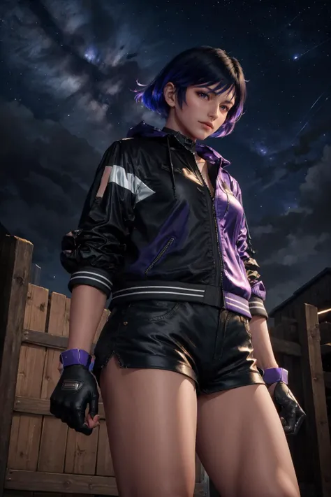 masterpiece, best quality, <lora:tekkenreina-nvwls-v1-000009:0.9> reina, multicolored hair, black and purple jacket, fingerless gloves, black shirt, black shorts, looking at viewer, furrowed brow, cowboy shot, arms at sides, from below, looking at viewer, serious, night sky