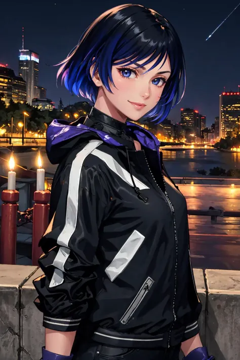 masterpiece, best quality, <lora:tekkenreina-nvwls-v1-000009:0.9> reina, multicolored hair, jacket, black gloves, black shirt, black shorts, looking at viewer, smile, upper body, night sky, cityscape, from side