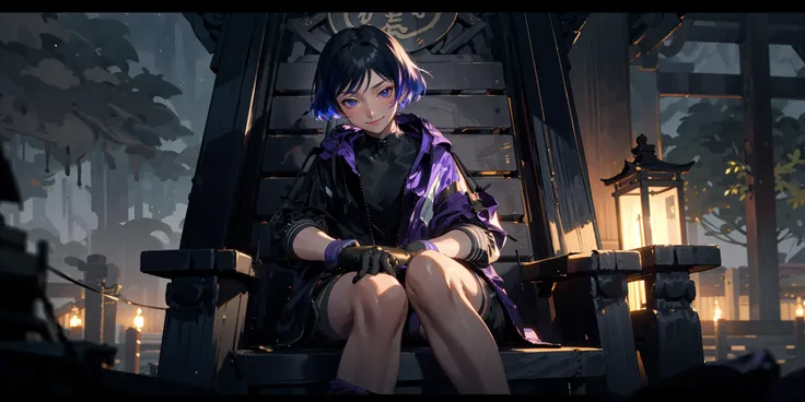 (masterpiece, best quality),cinematic composition, letterboxed, depth of field, solo focus, reina sitting in a japanese temple with resting on a throne, smiling, multicolored hair, black and purple jacket, gloves, black shirt, black shorts, at night, looking at viewer <lora:tekkenreina-nvwls-v1:1> <lora:epi_noiseoffset2:1> <lora:Gloomifier_V2_TheGlow:1>