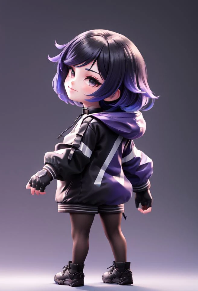 (chibi:1.4), masterpiece, best quality, original, official art, cool, (full body:1.7),
insanely detailed, absurdres, ultra-highres, ultra-detailed, Beautiful Lighting,
black gloves, tights, black shirt, black tights, black shorts, blurry, chibi, choker, smirk, fingerless gloves, gradient hair, hoodie, large breasts, looking at viewer, multicolored hair, open jacket, purple jacket, reina, see-through, dynamic pose, shaft head tilt, from behind, from side,
<lora:tekkenreina-nvwls-v2:0.88>
<lora:GoodHands-vanilla:1>, cartoon rendering, <lora:more_details:0.32> <lora:shaft_head_tilt2:1.3>