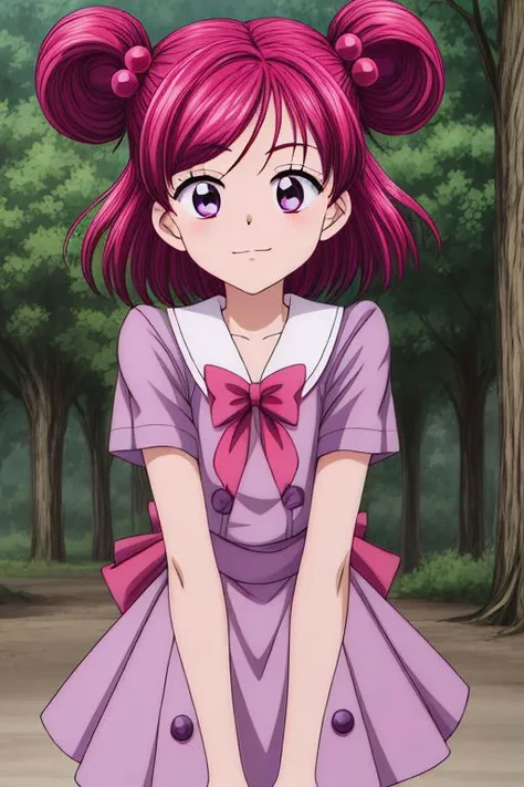 1girl, yumehara_nozomi, solo, hair_bobbles, two_side_up, smile,school_uniform,purple shirt, purple_eyes,short hair, hair_ornament, tree, bow, eyelashes, outdoors, shirt, frown, day, <lora:Cure_dreamyumehara_nozomi:0.8>