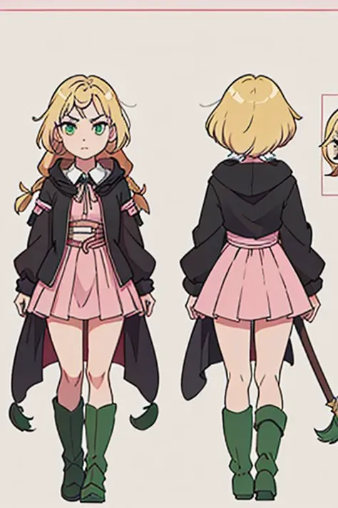 anime girl, blonde, long braid hair, serious face, goth, short pink dress, green boots, wristbrand, hunter, medieval fantasy, thighs, green eyes.  black mini shorts, short slleve. simples background, model sheet, chara-sheet
