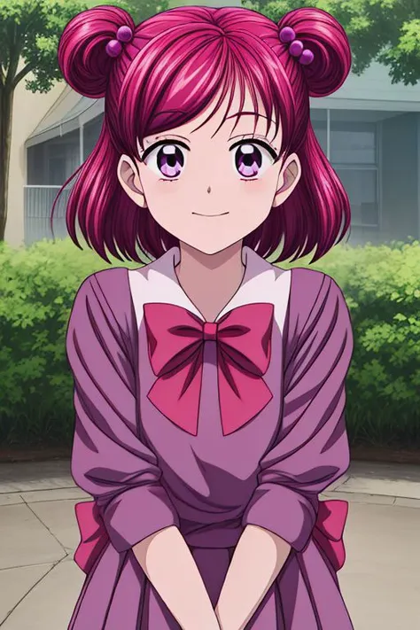1girl, yumehara_nozomi, solo, hair_bobbles, two_side_up, smile,school_uniform,purple shirt, purple_eyes,short hair, hair_ornament, tree, bow, eyelashes, outdoors, shirt, frown, day, <lora:Cure_dreamyumehara_nozomi:0.8>