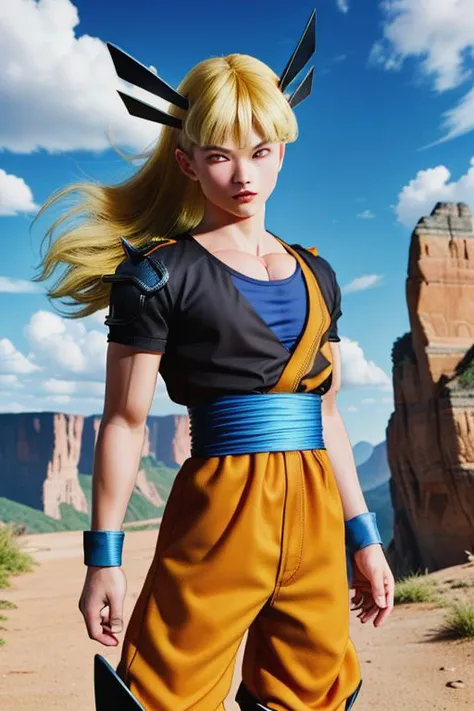 ((best quality)), ((masterpiece)),pov, close-up, face, [marie|linda], elegant, ((magik)), short, feminine, petite, cute, pale skin, glowing skin, shiny skin, detailed skin texture, cute face, long hair, (((blond hair), (absurdly long hair), fringe trim, neat fringe, shiny eyes, bratty, beautiful, thigh boots, midriff)), adorable, glossy lips,1girl
(masterpiece:1.3), best quality, ultra-detailed, <lora:db_gohan-10:0.8>, cowboy shot,  1boy, son Gohan, smile, closed mouth, looking at viewer, black hair, black eyes, dougi, canyon,1boy, orange dougi, orange pants, blue shirt, blue wristband, blue sash, short sleeves, blue boots