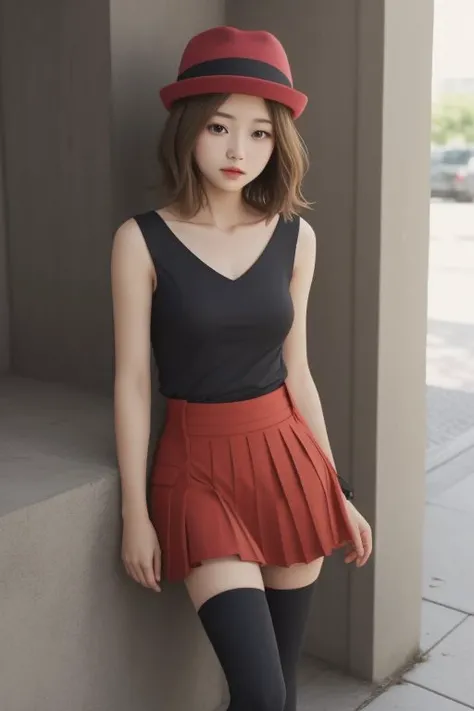 serena, hat, sleeveless, long hair, thighhighs, short hair, skirt, black thighhighs, shirt, collarbone, red skirt, pleated skirt, sleeveless shirt