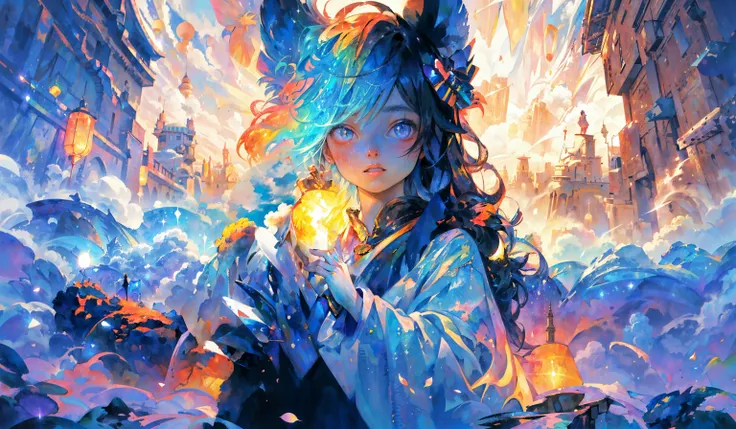 (masterpiece:1.2),best quality,extremely detailed,absurdres,highres,ultra detailed,(aestheticism, tonalism:1.1), (1girl|1boy|1animal:1.3), serafuku, long hair,landscape,<lora:flat2:0.5> <lora:GraphicAesth:0.5> flyer, graphic design, <lora:nijipride-10:1> Niji Pride, watercolor \(medium\), flowers, sparkles, light particles,atmospheric,colorful,vibrant, abstract:0.4 <lora:Perfect color:0.35> clouds,colorful lights,fantasy,