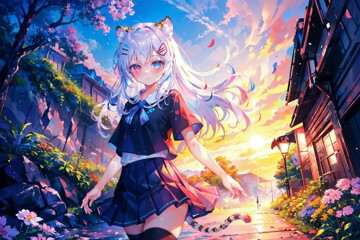 (masterpiece:1.2),best quality,absurdres,ultra detailed,(1girl:1.3),((good_hands:1.5)),
kawaii petite,flat chest,mole under eye,
detailed eyes,tiger ears,tiger tail,(heterochromia,blue eye,pink eye:1.1),white hair,long hair,
black_shirt,short sleeves,black pleated skirt,black thighhighs,
BREAK
blue and pink hairclip,surrounded by flowers,outdoors,nature,light particles, caustics, cinematic,dynamic,windy,sunset,landscape,dynamic,dynamic pose,original, <lora:bg3:0.2>