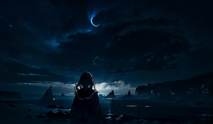 (masterpiece:1.2),best quality,extremely detailed,absurdres,highres,ultra detailed,dark ocean, dark vibes, a photo, (aestheticism, tonalism, dark and moody:1.4), cloudy weather, foggy sky, 1girl on the side, serafuku, long hair,black hair,landscape,night,pale light,dim lights, clear sky, crescent, <lora:epiNoiseoffset_v2:0.2> <lora:flat2:0.2>