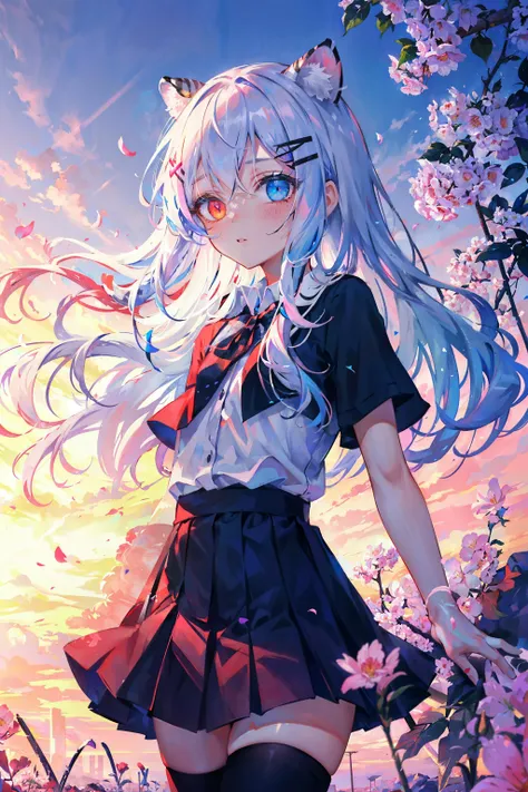 (masterpiece:1.2),best quality,absurdres,ultra detailed,(1girl:1.3),
kawaii ite,flat chest,mole under eye,
detailed eyes,tiger ears,tiger tail,(heterochromia,blue eye,pink eye),white hair,long hair,
black_shirt,short sleeves,black pleated skirt,black thighhighs,
BREAK
blue and pink hairclip,surrounded by flowers,outdoors,nature,light particles, caustics, cinematic,dynamic,windy,sunset,