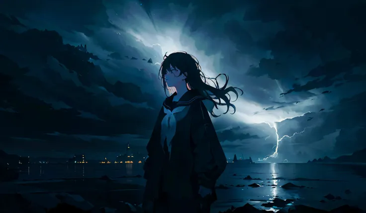 (masterpiece:1.2),best quality,extremely detailed,absurdres,highres,ultra detailed,dark ocean, stormy weather, dark vibes, a photo, (aestheticism, tonalism, dark and moody:1.4), cloudy weather, foggy sky, 1girl on the side, serafuku, long hair,black hair,windswept hair,landscape,blue theme, <lora:epiNoiseoffset_v2:0.5> <lora:FujiVelvia50:0.3> <lora:flat2:1>