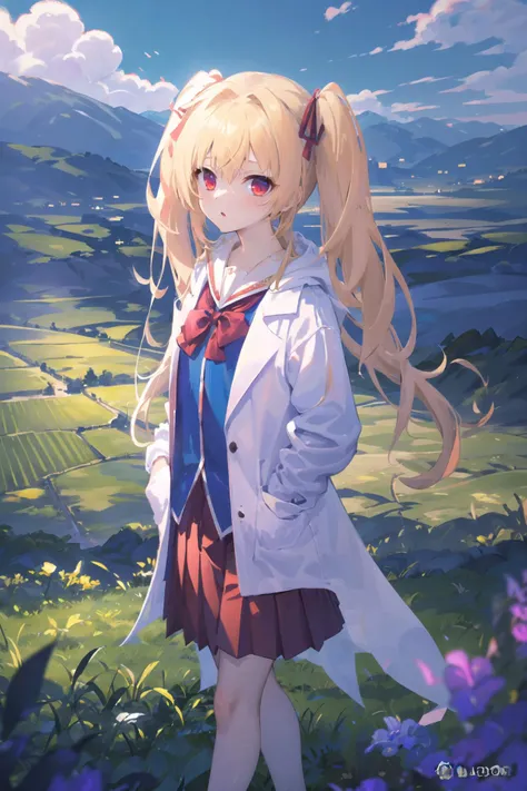 masterpiece,highres,extremely detailed CG unity 8k wallpaper, best quality, ultra-detailed,(best shadow),((1 girl)),landscape,flower, sunlight,day,cloudy sky,standing,castle, ,field, rural, rice paddy,(((looking at viewer))), panorama,overlook,(high contrast:0.8),(distant view),blurry foreground,wind,
shinku \( Iro toridori no sekai\) , blonde hair, red eyes, twintails, long hair, hair ribbon, red pleated skirt, open lab coat, blue shirt, school uniform,
<lora:shinku_v2.0:1>