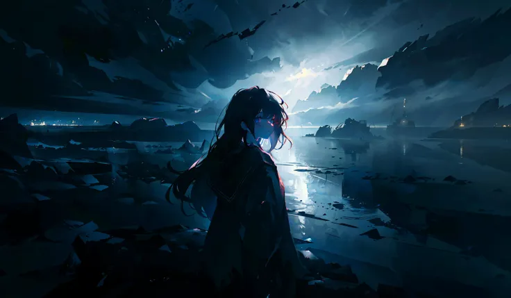 (masterpiece:1.2),best quality,extremely detailed,absurdres,highres,ultra detailed,dark ocean, dark vibes, a photo, (aestheticism, tonalism, dark and moody:1.4), cloudy weather, foggy sky, 1girl on the side, serafuku, long hair,black hair,landscape,night,pale light,dim lights, clear sky, crescent, <lora:epiNoiseoffset_v2:0.4> <lora:flat2:0.7>