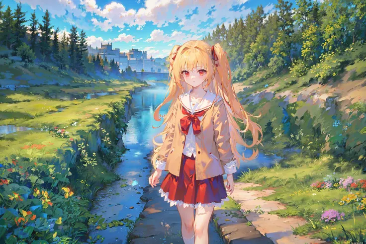 masterpiece,highres,extremely detailed CG unity 8k wallpaper, best quality, ultra-detailed,(best shadow),((1 girl)),landscape,flower, sunlight,day,cloudy sky,standing,castle, ,field, rural, rice paddy,(((looking at viewer))), panorama,overlook,(high contrast:0.8),(distant view),blurry foreground,wind,
shinku \( Iro toridori no sekai\) , blonde hair, red eyes, twintails, long hair, hair ribbon,
<lora:shinku_v2.0:1>