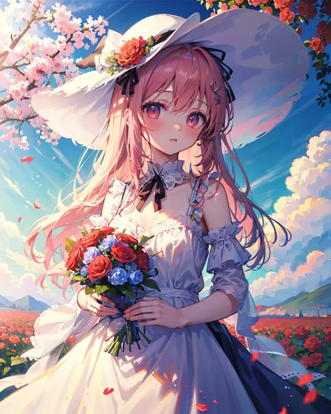 ((masterpiece, best quality)), 1girl, flower, solo, dress, holding, sky, cloud, hat, outdoors, bangs, bouquet, rose, expressionless, blush, pink hair, flower field, red flower, pink eyes, white dress, looking at viewer, midium hair, holding flower, small breasts, red rose, holding bouquet, sun hat, white headwear, depth of field