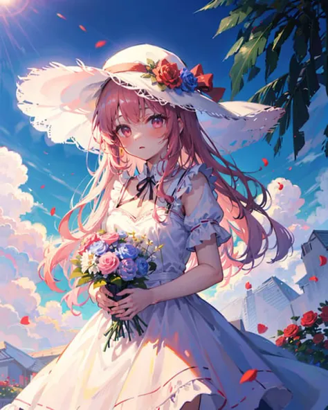 ((masterpiece, best quality)), 1girl, flower, solo, dress, holding, sky, cloud, hat, outdoors, bangs, bouquet, rose, expressionless, blush, pink hair, flower field, red flower, pink eyes, white dress, looking at viewer, midium hair, holding flower, small breasts, red rose, holding bouquet, sun hat, white headwear, depth of field