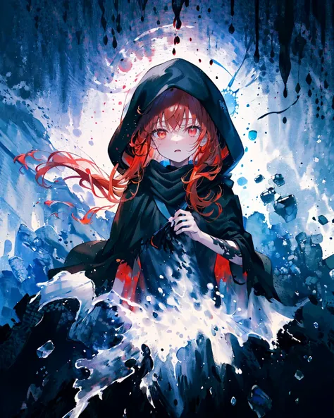 <lora:lightAndShadow_v10:0.4>,1girl,(red hair)),red eyes,obungaskr你就是个机八,long hair,(loose long hair),((black cloak)),(cape hood),scarf,(black boots),red moon on the sky,night,floating red flowers falling,upper body,ruins,intense shadows,ash,fire,ice,((Ink wash painting)),((ink splashing)),((color splashing)),