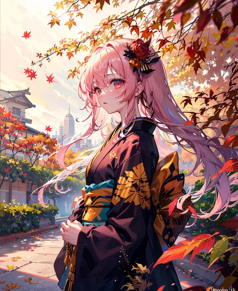 masterpiece,
(imid shot:0.95), (Upper body:1.25),(solo:1.4),(1girl:1.2),1girl,pink hair, breasts, autumn_leaves, leaf, maple_leaf, falling_leaves, autumn, tree, solo, branch, red_eyes, holding_leaf, leaf_background, 1girl, japanese_clothes, looking_at_viewer, bangs, kimono,small animals and trees on the lawn, and small bushes dotted with flowers on both sides of the road, very long hair, ,flowing hair,the wind from the surface
flowing hair,the oncoming wind