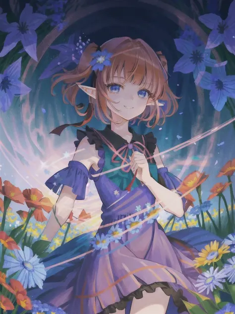 (solo:1.5), , (elf:1.5), (dark pink red hair:1.5), (short hair:1.5), (short twintail:1.0), sidelocks, (twintail ribbons:1.5), blunt bangs, (dark blue violet eyes:1.3), (beautiful face:1.5), (loose sundress:1.5), (long dress:0.7), (light lilac dress:1.5), symmetrical dress, (kind smile:1.3), (smug smile:0.8), (happy smile:1.2),
(strange patterns on the dress:1.4),
(BG flower meadow in a fairy forest with bluebells, cornflowers, daisies and poppies, the rays of the sun break through the crown:1.2), straight horizon,
(blue flower in hands:1.2), looks at the viewer,
masterpiece, best quality, ultra-detailed, intricate detail, detailed beautiful face and eyes, 8k, beautiful lighting, digital art, perfect hands, perfect anatomy, vector graphics, anime art, detailed manga