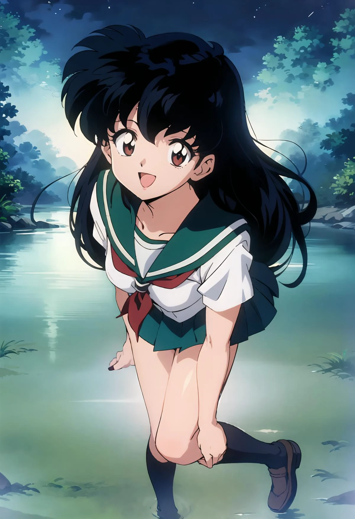 1girl, Kagome Higurashi, brown eyes, full body, photorealistic, (hyperrealistic:1.2), perfect eyes, perfect face, perfect lighting, outdoors, warm colors, forest lake, school uniform, in water, night time,smile, :d,